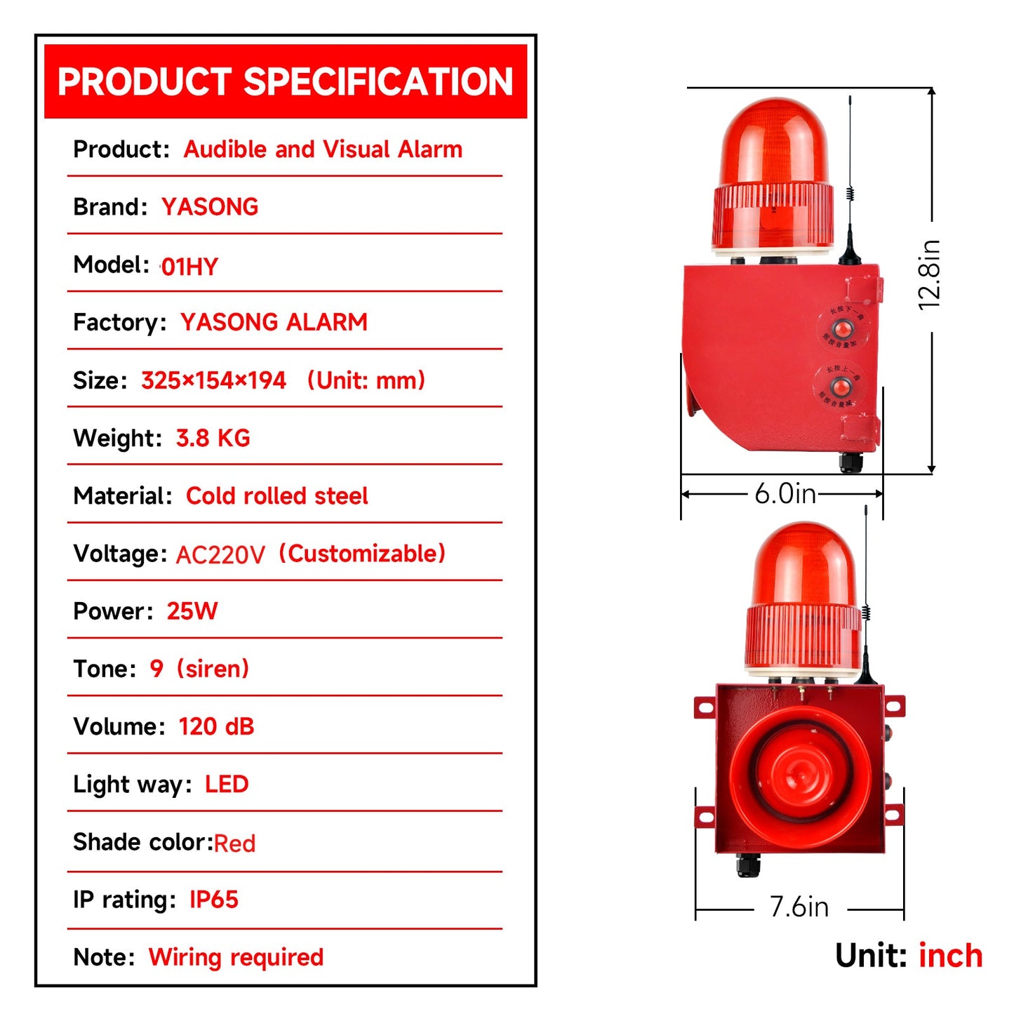 YASONG SLA-01HY Outdoor Remote Control LED Strobe Alarm Siren, 1.2Mile/0.3Mile Long Distance Barrier-free Control, 120dB Speaker, 9 Tones Adjustable with USB Port, 25 Watts IP65 Waterproof