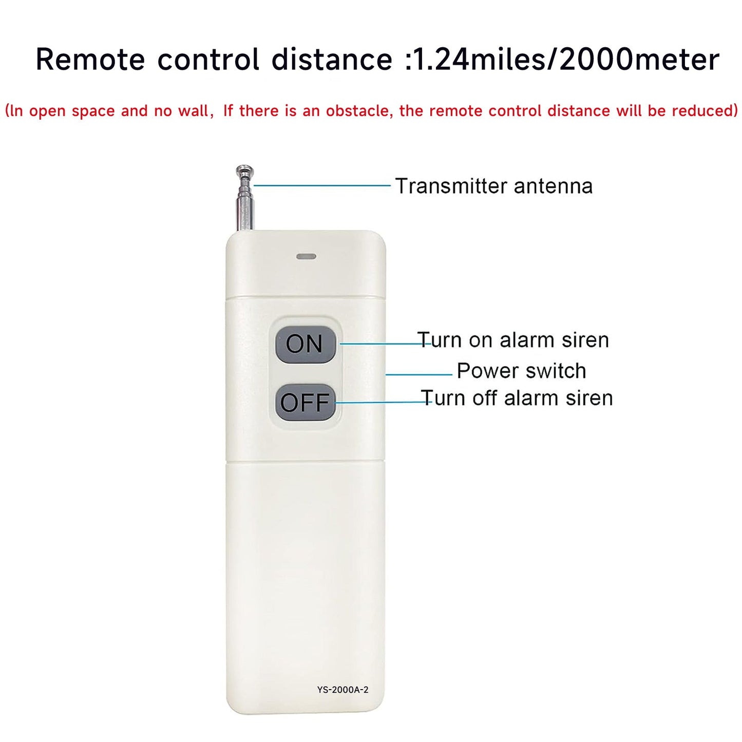 YASONG Wireless Remote Control 2000m/1.24mile（No Wall) Control Siren Turn On or Turn Off One Remote Control up to 15 Alarms