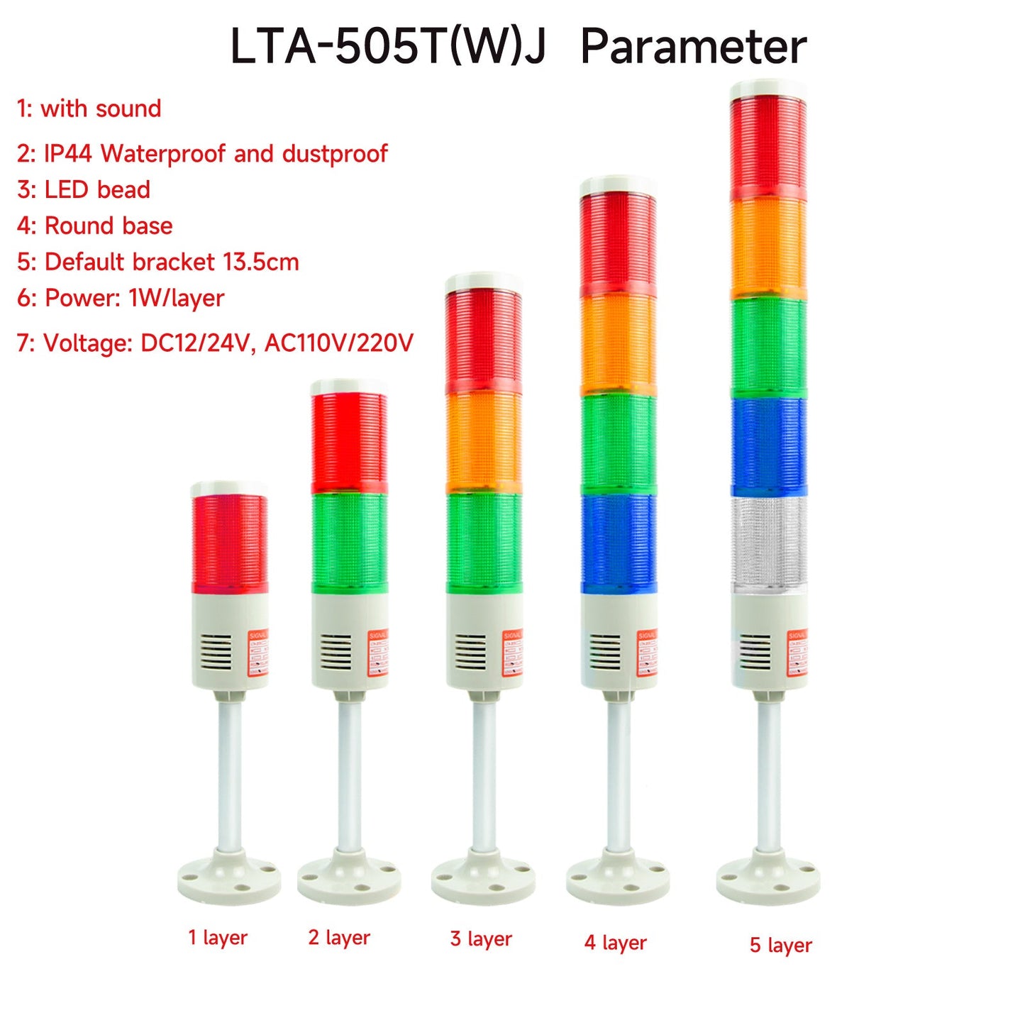 YASONG Tower Light IP44 Waterproof Multilayers Stack Warning Lights with Sound, Round Bottom, Flashing or Steady For Machine LTA-505T(W)J