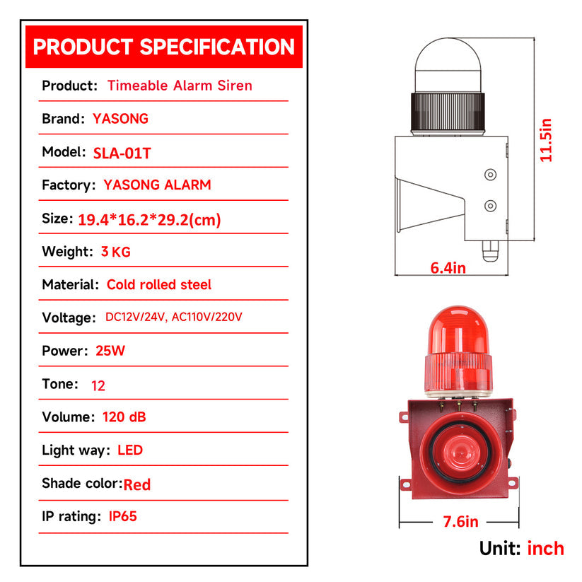 YASONG Timeable Alarm Siren Waterproof 120dB Horn Emergency Security Sirens with Timer, LED Strobe Light for Factory Workshop School SLA-01T1