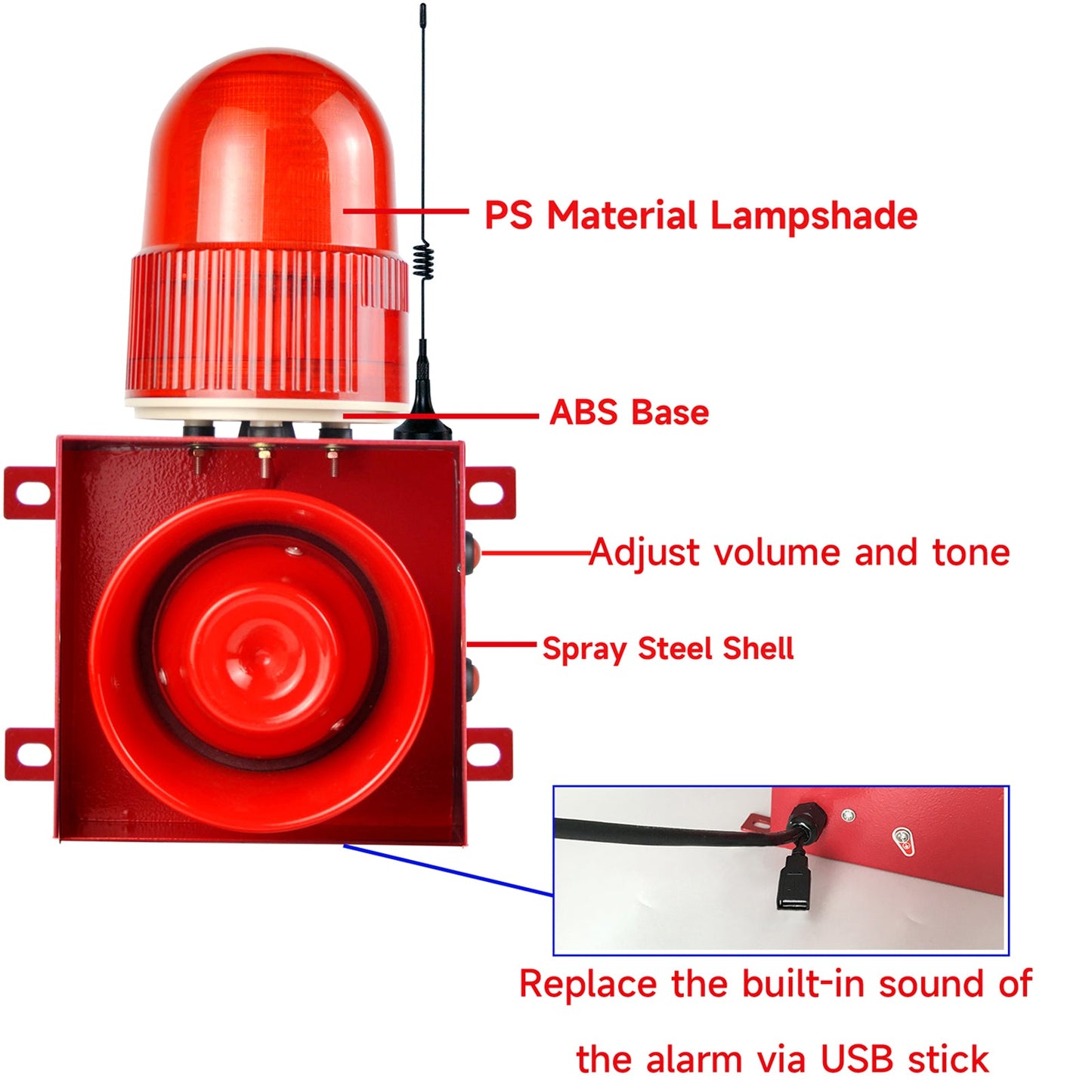 YASONG SLA-01HY Outdoor Remote Control LED Strobe Alarm Siren, 1.2Mile/0.3Mile Long Distance Barrier-free Control, 120dB Speaker, 9 Tones Adjustable with USB Port, 25 Watts IP65 Waterproof